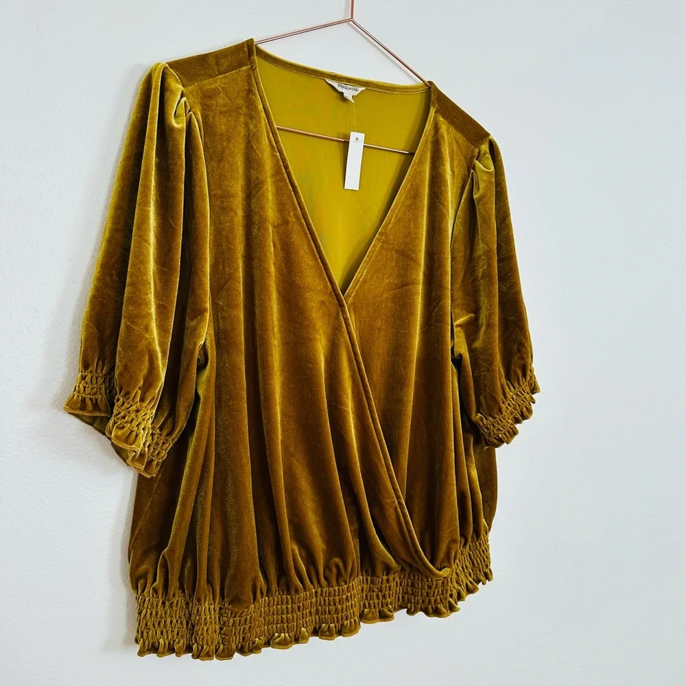 New Madewell Velvet Smocked Crossover Golden  Boho Blouse Top Mustard Gold